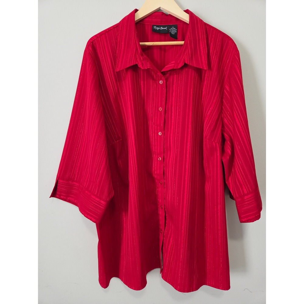 Maggie Barnes Red Striped Metallic Button Up Shirt 3X 26/28W 3/4 Sleeve Blouse